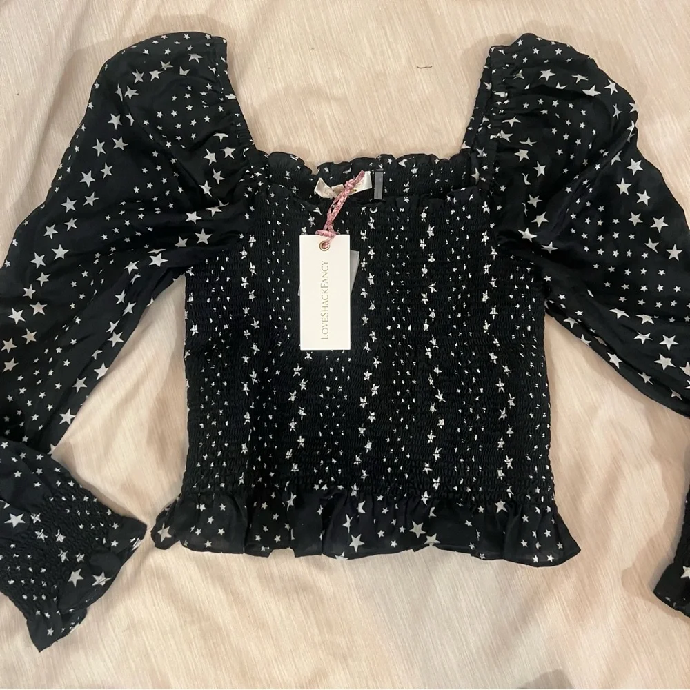 LoveShackFancy Russell Silk Black & White Star Top, NEW
